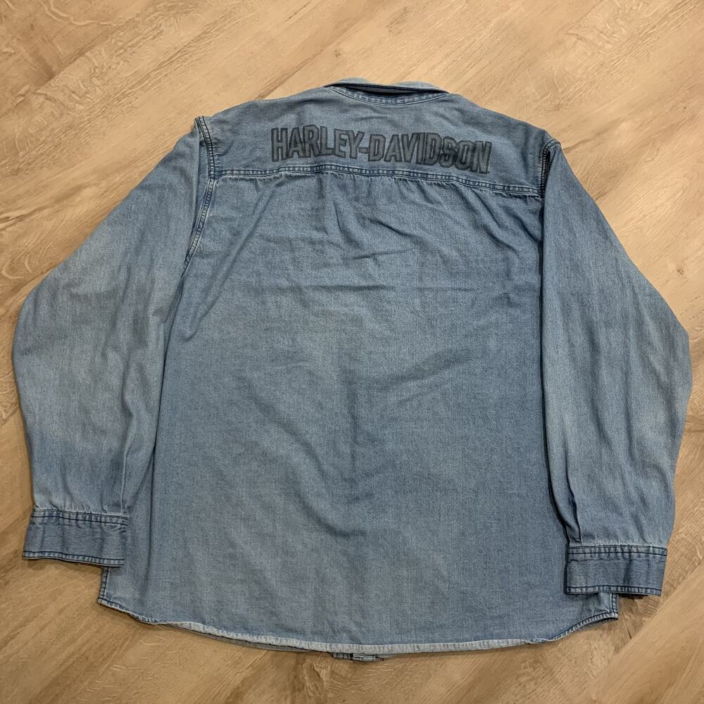 Harley Davidson Denim Long Sleeve Button Up Shirt Men's 2XL XXL Blue Biker *